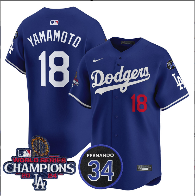 Men MLB Los Angeles Dodgers 18 Yamamoto blue 2024 World Series Champions Patch Limited Jersey style 4